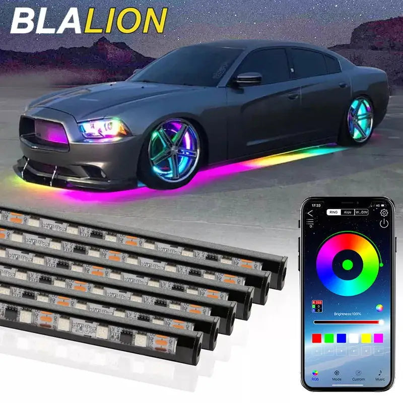 بلا-ليون أندر-جلو | إضاءة LED سفليّة مرنة بتأثيرات RGB وتحكم عبر التطبيق 🚗🌈✨