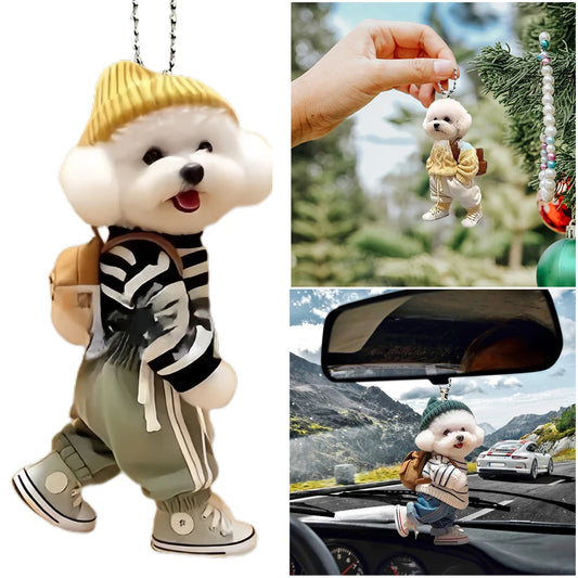 Creative Puppy Man Acrylic Backpack Rearview Mirrors Pendant Realistic Auto Rearview Mirror Ornament Car Decoration Accessories