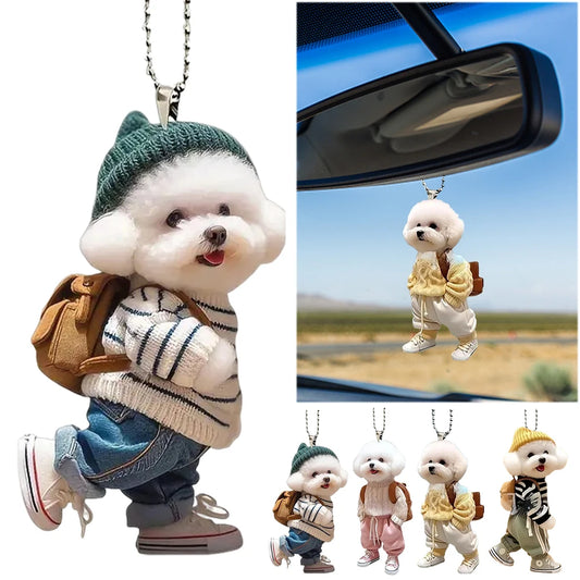 Creative Puppy Man Acrylic Backpack Rearview Mirrors Pendant Realistic Auto Rearview Mirror Ornament Car Decoration Accessories