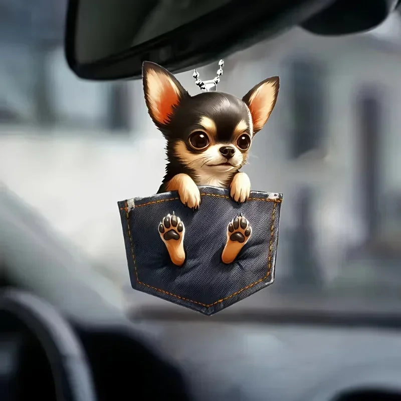 Chihuahua In Denim Pocket Versatile Car Mirror & Keychain Charm Puppy Hanging Ornament Acrylic Backpacks & Festive Party Decor